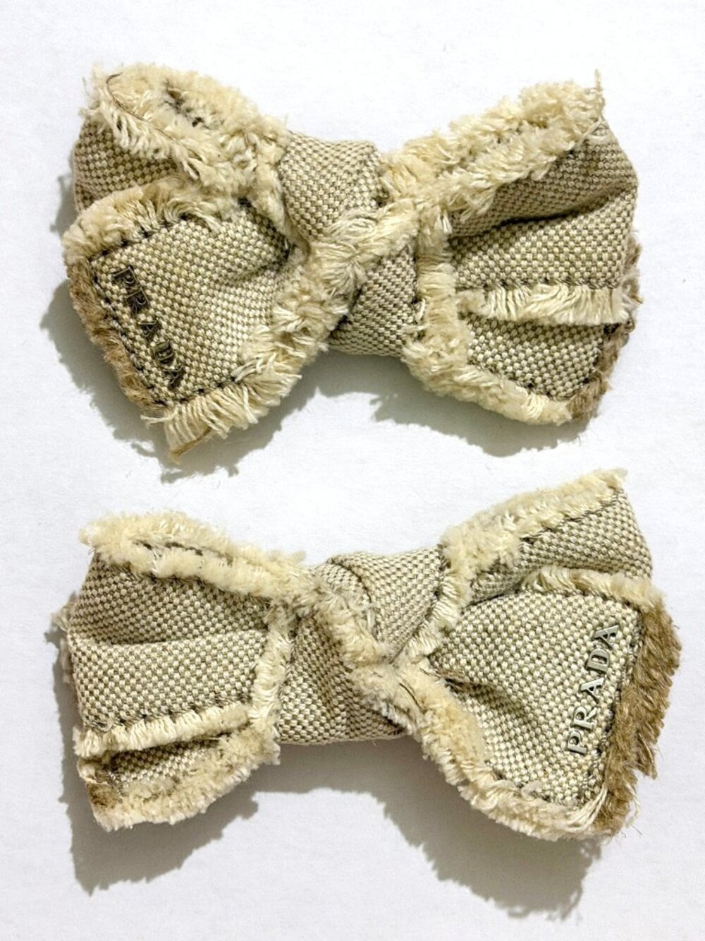 NEW Prada Cream Ivory Beige Bows Logo Fringe Canvas SET OF 2